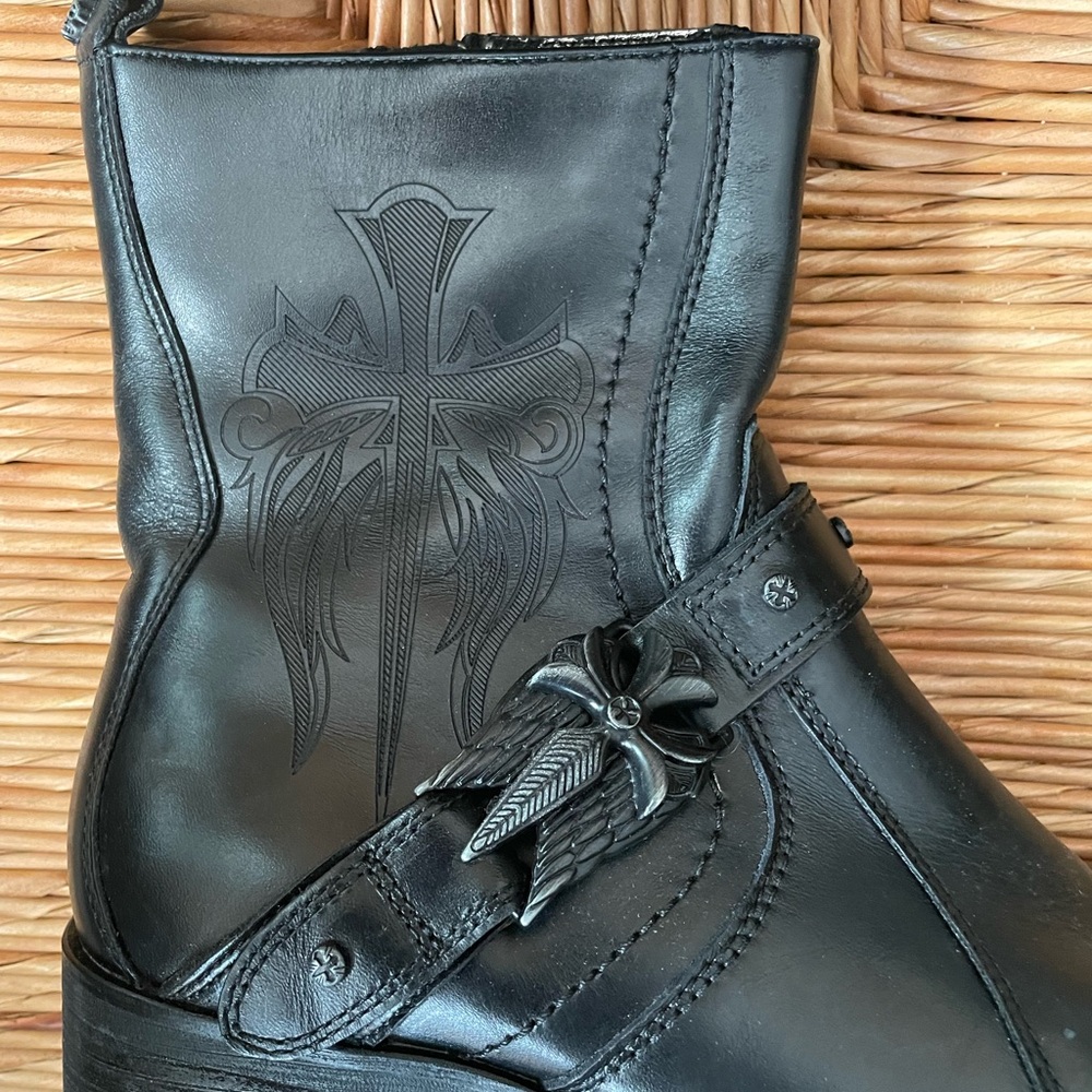 MARK NASON Black Leather Biker Ankle Boots Embossed Cross Studded Skulls 8 NEW! - Picture 10 of 16